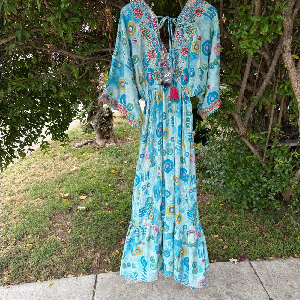 Blue Tiered Maxi Sundress with Dolman Sleeves